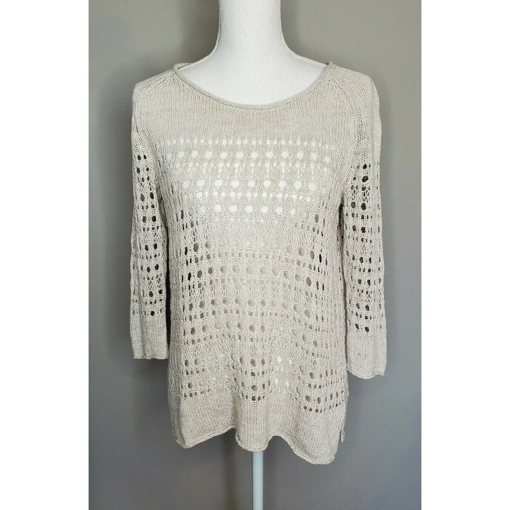 J Jill Open Knit Linen Blend Oatmeal Sweater